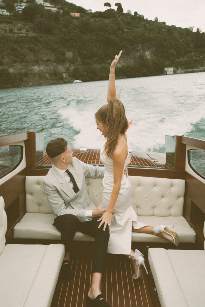 film photo vintage old money Lake Como boat engagement photo shoot villa d'este lake view