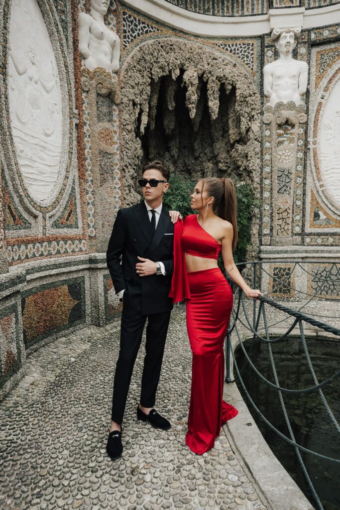 Engagement couple photo shoot villa d'este lake como old money vibe editorial mosaic garden