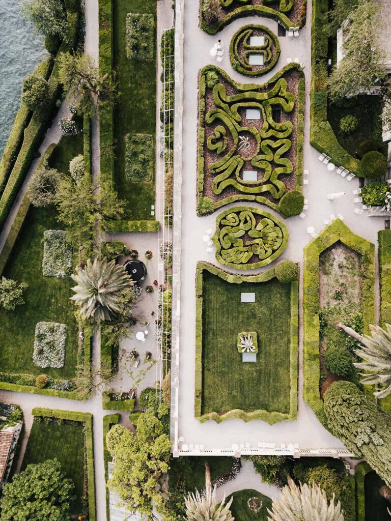 Aerial view of Isola del Garda gardens, a luxury Lake Garda wedding venue