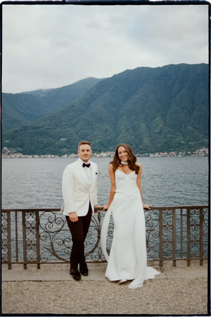 Bride and groom portraits by Lake Como at Villa Balbiano captured on 35 mm film vintage