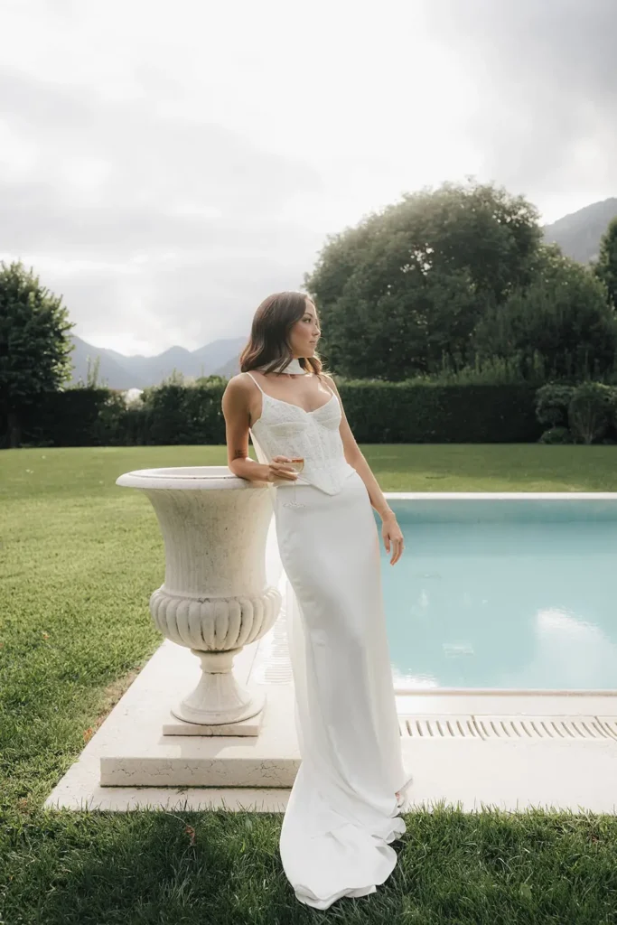 Bride portrait by the pool at Villa Balbiano on Lake Como editorial elegant