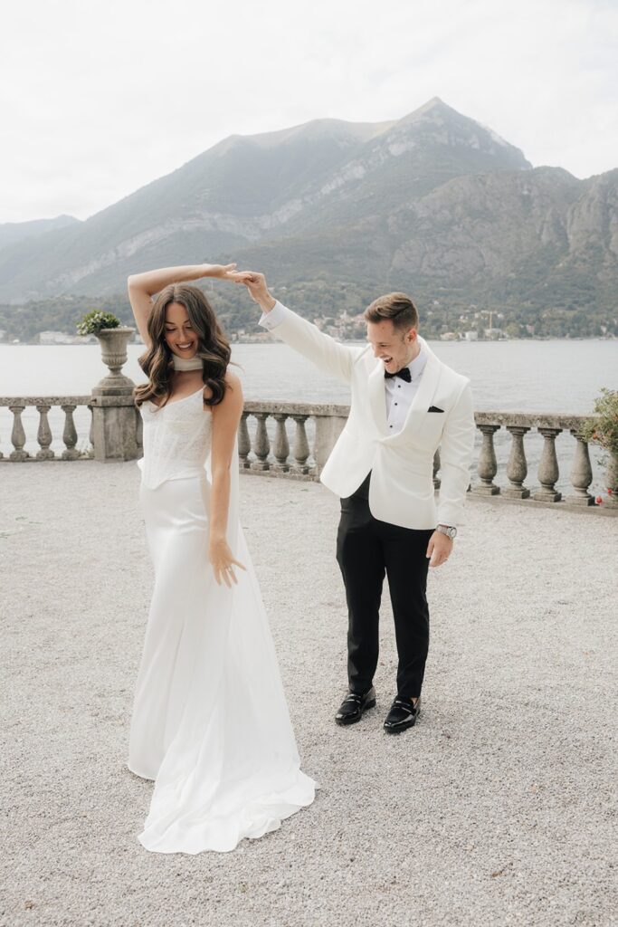 First look portraits at Villa Serbelloni on Lake Como with mountain and lake views